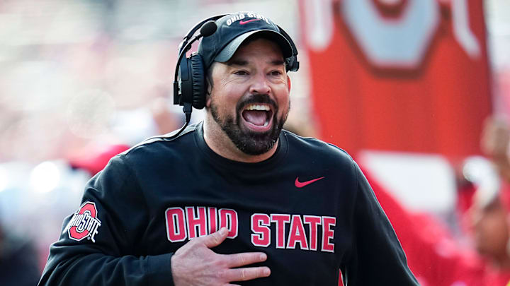 Ohio State Buckeyes head coach Ryan Day yells during the NCAA football game against the Rutgers Scarlet Knights at Ohio Stadium in Columbus on Nov. 22, 2025. Ohio State won 42-9.