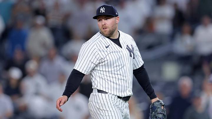 May 5, 2026; Bronx, New York, USA; New York Yankees relief pitcher David Bednar (53) reacts during the ninth inning against the Texas Rangers at Yankee Stadium. Mandatory Credit: Brad Penner-Imagn Images