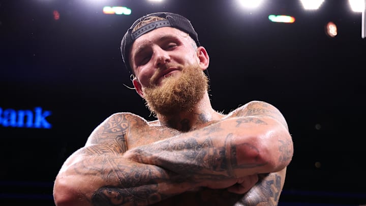 Aug 5, 2023; Dallas, Texas, USA;  Jake Paul reacts after the win against Nate Diaz in a boxing match