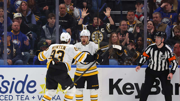 Mar 25, 2026; Buffalo, New York, USA;  Boston Bruins left wing Viktor Arvidsson (71) reacts after scoring a goal during the second period against the Buffalo Sabres at KeyBank Center. Mandatory Credit: Timothy T. Ludwig-Imagn Images