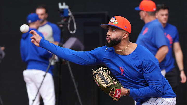 Feb 11, 2026; Port St. Lucie, FL, USA;  New York Mets pitcher Devin Williams (38) throws during spring training. Mandatory Credit: Jim Rassol-Imagn Images