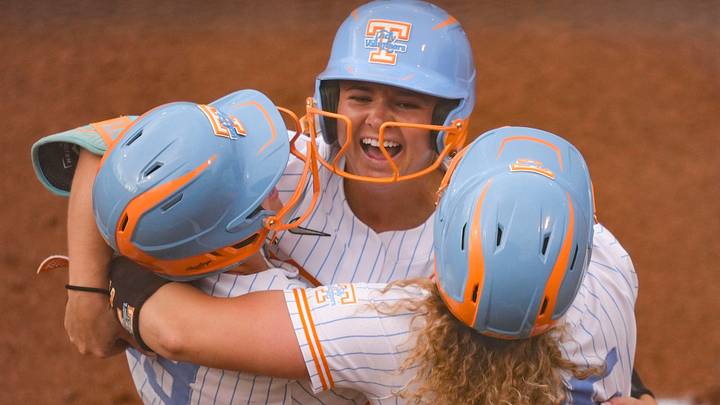 Tennessee's Sophia Knight (2) celerbates with Emma Clarke (13) and Ella Dodge (25) after hitting a home run against Georg in the NCAA college softball super regional on May 21, 2026, in Knoxville, Tennessee. Tennessee's Sophia Knight (2) celerbates with Emma Clarke (13) and Ella Dodge (25) after hitting a home run against Georg in the NCAA college softball super regional on May 21, 2026, in Knoxville, Tennessee.