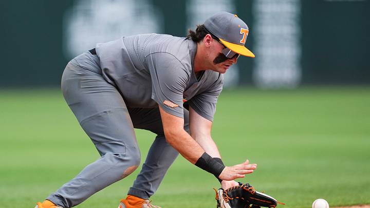 Tennessee's Gavin Kilen (6) fields a ground ball during game one of the NCAA baseball tournament Fayetteville Super Regional between Tennessee and Arkansas held at Baum-Walker Stadium on Saturday, June 7, 2025.