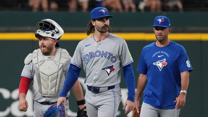 Toronto Blue Jays pitcher Dylan Cease walks in from the bullpen. Mandatory Credit: Raymond Carlin III-Imagn Images