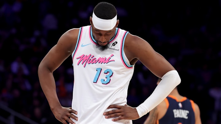 Mar 17, 2025; New York, New York, USA; Miami Heat center Bam Adebayo (13) reacts during the fourth quarter against the New York Knicks at Madison Square Garden. Mandatory Credit: Brad Penner-Imagn Images