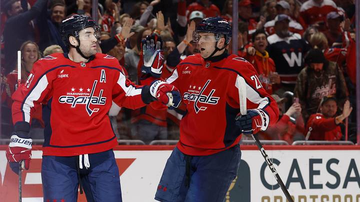 Mar 9, 2026; Washington, District of Columbia, USA; Washington Capitals right wing Tom Wilson (43) celebrates with Capitals left wing Aliaksei Protas (21) after scoring a goal against the Calgary Flames during the first period at Capital One Arena. Mandatory Credit: Geoff Burke-Imagn Images Mar 9, 2026; Washington, District of Columbia, USA; Washington Capitals right wing Tom Wilson (43) celebrates with Capitals left wing Aliaksei Protas (21) after scoring a goal against the Calgary Flames during the first period at Capital One Arena. Mandatory Credit: Geoff Burke-Imagn Images