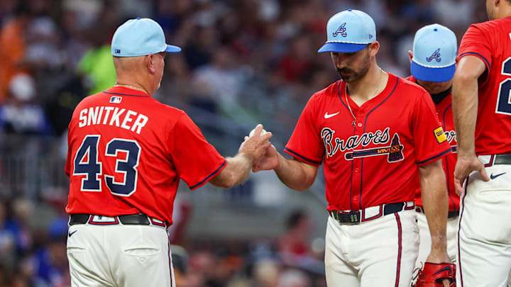 Jul 4, 2025; Atlanta, Georgia, USA; Atlanta Braves manager Brian Snitker (43) removes starting pitcher Spencer Strider (99) from a game against the Baltimore Orioles in the seventh inning at Truist Park. Mandatory Credit: Brett Davis-Imagn Images
