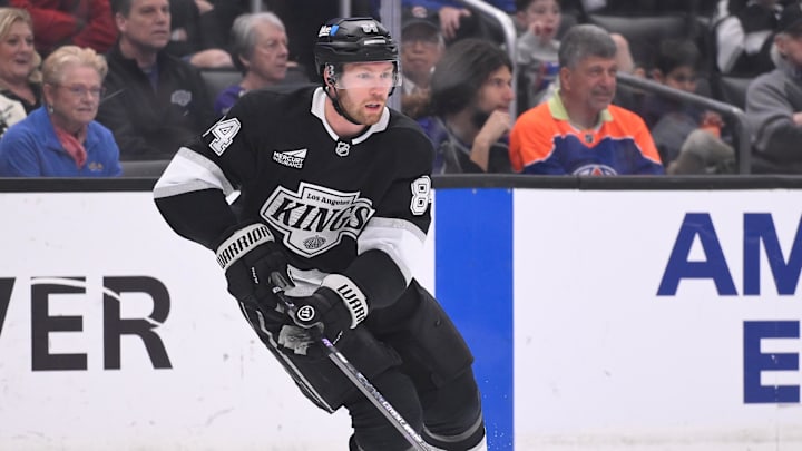 Apr 5, 2025; Los Angeles, California, USA; Los Angeles Kings defenseman Vladislav Gavrikov (84) during an NHL game against the Edmonton Oilers at Crypto.com Arena. Mandatory Credit: Robert Hanashiro-Imagn Images