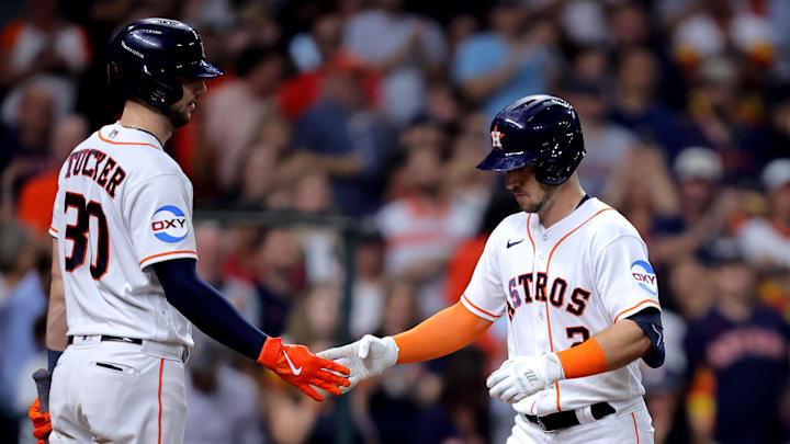 Sep 13, 2023; Houston, Texas, USA; Houston Astros third baseman Alex Bregman (2) is congratulated by Houston Astros right fielder Kyle Tucker (30) after after hitting a home run to left field against the Oakland Athletics during the third inning at Minute Maid Park. Mandatory Credit: Erik Williams-Imagn Images Sep 13, 2023; Houston, Texas, USA; Houston Astros third baseman Alex Bregman (2) is congratulated by Houston Astros right fielder Kyle Tucker (30) after after hitting a home run to left field against the Oakland Athletics during the third inning at Minute Maid Park. Mandatory Credit: Erik Williams-Imagn Images