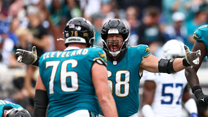 Oct 6, 2024; Jacksonville, Florida, USA; Jacksonville Jaguars guard Brandon Scherff (68) celebrates after a touchdown against the Indianapolis Colts in the third quarter at EverBank Stadium. Mandatory Credit: Nathan Ray Seebeck-Imagn Images