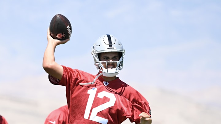 Jun 11, 2025; Henderson, NV, USA; Las Vegas Raiders quarterback Aidan O'Connell (12) throws the ball during Las Vegas Raiders Minicamp at Intermountain Health Performance Center. Mandatory Credit: Candice Ward-Imagn Images