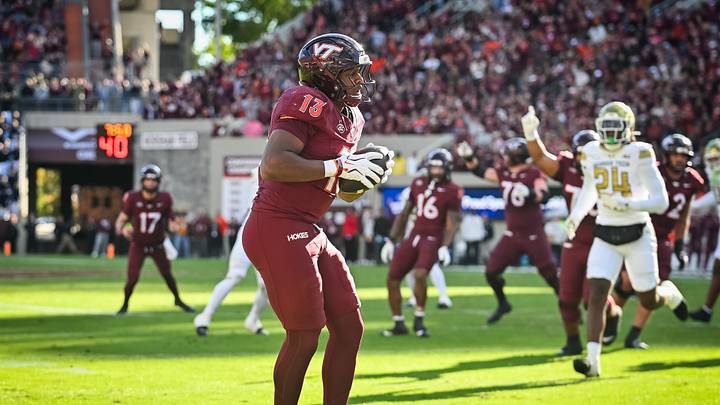 Oct 17, 2026; Blacksburg, Va.; Virginia Tech tight end Ja'ricous Hairston (13) catches a pass in the endzone for a touchdown against Georgia Tech.
