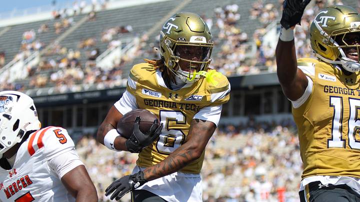 Sep 19, 2026; Atlanta, Georgia, USA; Georgia Tech Yellow Jackets wide receiver Debron Gatling (6) runs after a catch for a touchdown against the Mercer Bears in the third quarter at Bobby Dodd Stadium at Hyundai Field. Mandatory Credit: Brett Davis-Imagn Images