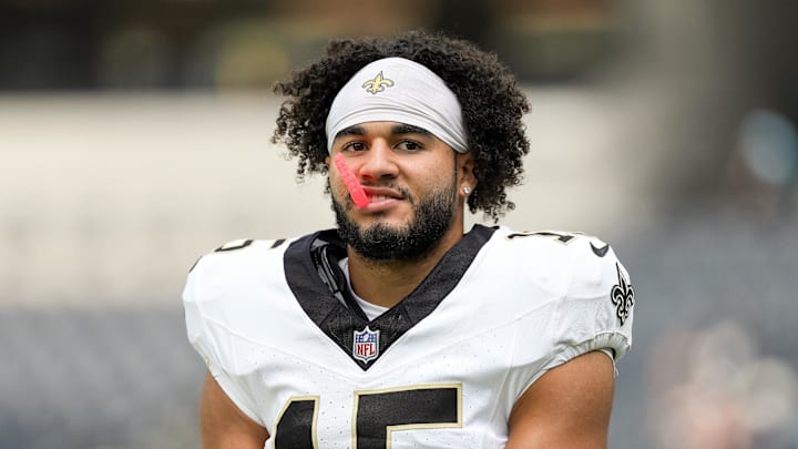 Aug 10, 2025; Inglewood, California, USA; New Orleans Saints wide receiver Mason Tipton 