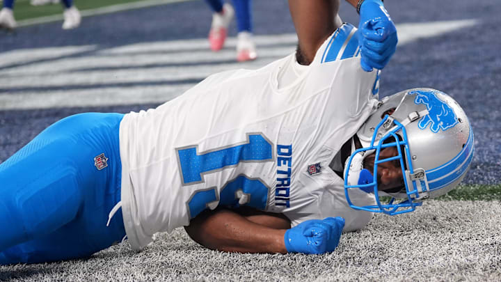 Detroit Lions wide receiver Donovan Peoples-Jones (19) gets ready to slam his fist onto the ground in frustration after missing a pass in the end zone, Thursday, August 8 2024, in East Rutherford.
