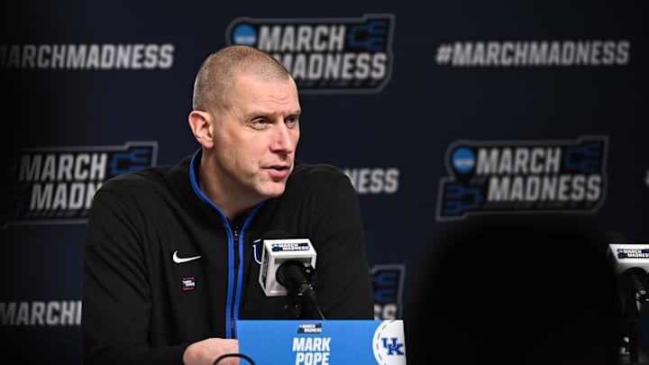 Mar 22, 2026; St. Louis, MO, USA; Kentucky Wildcats head coach Mark Pope speaks during the postgame press conference after the game against the Iowa State Cyclones during a second round game of the men's 2026 NCAA Tournament at Enterprise Center. Mandatory Credit: Jeff Le-Imagn Images