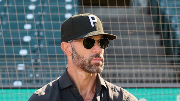 Aug 31, 2024; San Francisco, California, USA; NBC Sports Bay Area reporter Alex Pavlovic (right) interviews Miami Marlins assistant general manager and former San Francisco Giants manager Gabe Kapler before the game between the San Francisco Giants and the Miami Marlins at Oracle Park. Mandatory Credit: Robert Edwards-Imagn Images