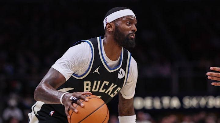 Feb 7, 2025; Atlanta, Georgia, USA; Milwaukee Bucks forward Bobby Portis (9) dribbles against the Atlanta Hawks in the first quarter at State Farm Arena. Mandatory Credit: Brett Davis-Imagn Images