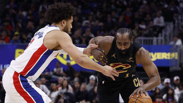 May 5, 2026; Detroit, Michigan, USA; Cleveland Cavaliers guard James Harden (1) dribbles defended by Detroit Pistons guard Cade Cunningham (2) in the first half during game one of the second round of the 2026 NBA Playoffs at Little Caesars Arena. Mandatory Credit: Rick Osentoski-Imagn Images
