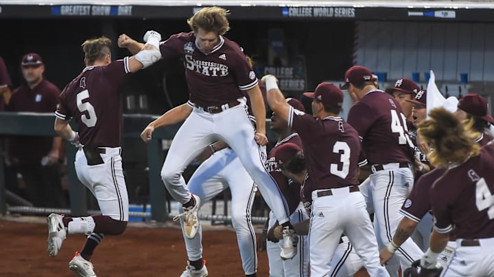 Mississippi State Bulldogs outfielder Tanner Allen (5) celebrates with pitcher KC Hunt (2) and teammates after hitting a home run in the eighth inning against the Virginia Cavaliers at TD Ameritrade Park. Hunt was named the Milwaukee Brewer's co-Minor League Pitcher of the Year on Thursday. Mississippi State Bulldogs outfielder Tanner Allen (5) celebrates with pitcher KC Hunt (2) and teammates after hitting a home run in the eighth inning against the Virginia Cavaliers at TD Ameritrade Park. Hunt was named the Milwaukee Brewer's co-Minor League Pitcher of the Year on Thursday.