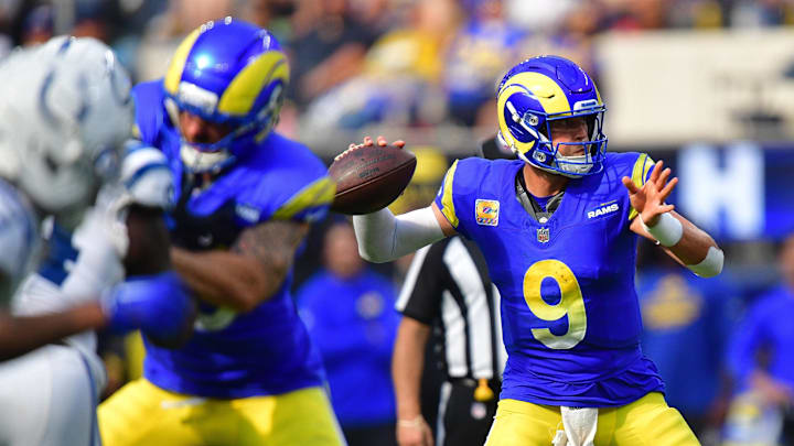 Sep 28, 2025; Inglewood, California, USA; Los Angeles Rams quarterback Matthew Stafford (9) throws against the Indianapolis Colts during the second half at SoFi Stadium. Mandatory Credit: Gary A. Vasquez-Imagn Images Sep 28, 2025; Inglewood, California, USA; Los Angeles Rams quarterback Matthew Stafford (9) throws against the Indianapolis Colts during the second half at SoFi Stadium. Mandatory Credit: Gary A. Vasquez-Imagn Images