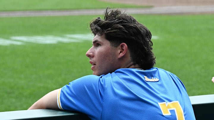 Jun 17, 2025; Omaha, Neb, USA; UCLA Bruins third baseman Roman Martin (7) cheers action against the LSU Tigers during the eighth inning at Charles Schwab Field. Mandatory Credit: Steven Branscombe-Imagn Images Jun 17, 2025; Omaha, Neb, USA; UCLA Bruins third baseman Roman Martin (7) cheers action against the LSU Tigers during the eighth inning at Charles Schwab Field. Mandatory Credit: Steven Branscombe-Imagn Images