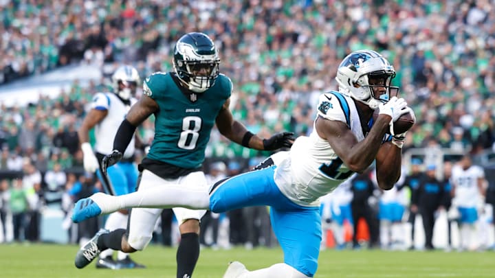 Carolina Panthers wide receiver Xavier Legette (17) is unable to catch a long pass 