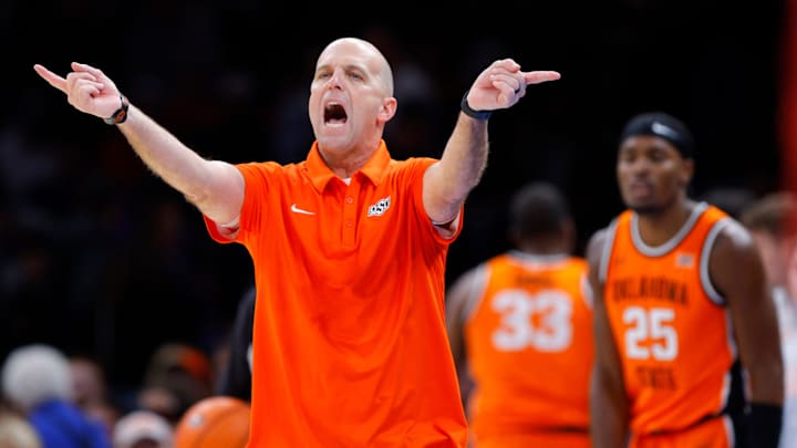 Oklahoma State coach Steve Lutz gestures during a men's college Bedlam basketball game between the University of Oklahoma Sooners (OU) and the Oklahoma State University Cowboys (OSU) at Paycom Center in Oklahoma City, Saturday, Dec. 14, 2024. Oklahoma won 80-65. Oklahoma State coach Steve Lutz gestures during a men's college Bedlam basketball game between the University of Oklahoma Sooners (OU) and the Oklahoma State University Cowboys (OSU) at Paycom Center in Oklahoma City, Saturday, Dec. 14, 2024. Oklahoma won 80-65.