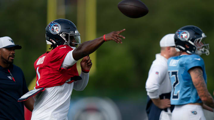 Tennessee Titans quarterback Cam Ward throws during training camp at Ascension Saint Thomas Sports Park.