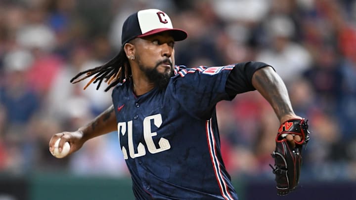Jul 18, 2025; Cleveland, Ohio, USA; Cleveland Guardians pitcher Emmanuel Clase (48) throws a pitch during the ninth inning against the Athletics at Progressive Field. Mandatory Credit: Ken Blaze-Imagn Images