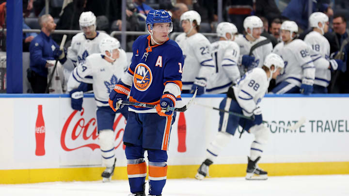 Jan 2, 2025; Elmont, New York, USA; New York Islanders center Bo Horvat (14) skates off after losing to the Toronto Maple Leafs at UBS Arena. Mandatory Credit: Brad Penner-Imagn Images