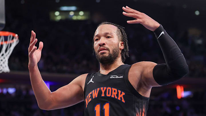 Nov 28, 2025; New York, New York, USA; New York Knicks guard Jalen Brunson (11) reacts during the second half against the Milwaukee Bucks at Madison Square Garden. Mandatory Credit: Vincent Carchietta-Imagn Images