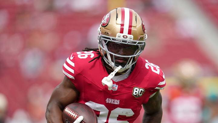 Santa Clara, California, USA;  San Francisco 49ers running back Kaelon Black (26) warms up prior to the game against the Miami Dolphins at Levi's Stadium.  Mandatory Credit: Cary Edmondson-Imagn Images