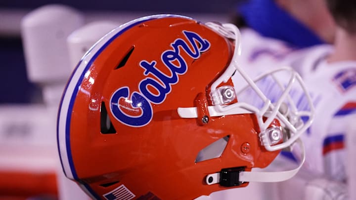 Nov 18, 2023; Columbia, Missouri, USA; A general view of a Florida Gators helmet against the Missouri Tigers  prior to a game at Faurot Field at Memorial Stadium. Mandatory Credit: Denny Medley-Imagn Images