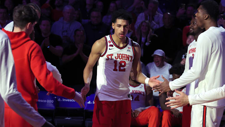 Mar 14, 2025; New York, NY, USA; St. John's basketball guard RJ Luis Jr. (12) is introduced before a semifinal game against the Marquette Golden Eagles at Madison Square Garden.