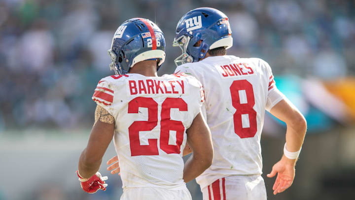 Oct 23, 2022; Jacksonville, Florida, USA; New York Giants quarterback Daniel jones (8) and running