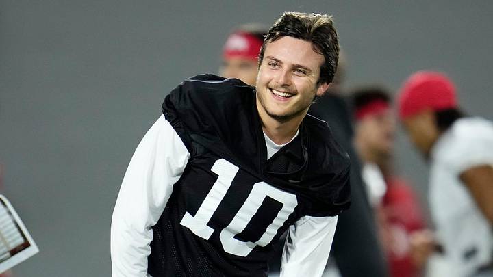 Ohio State Buckeyes quarterback Julian Sayin (10) laughs during the first day of spring workouts for the 2026 football season at Woody Hayes Athletic Complex in Columbus on March 10, 2026.