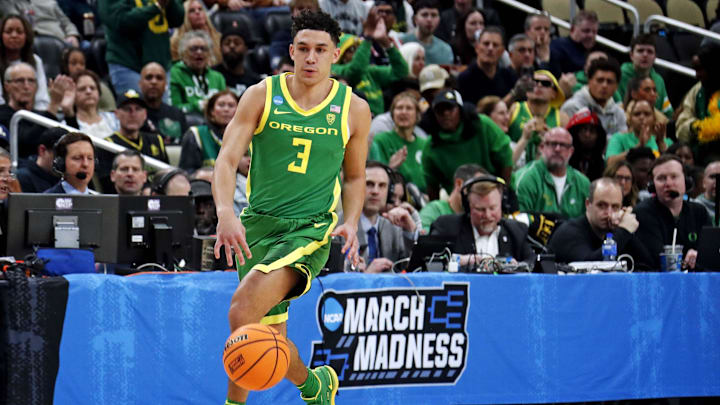 Mar 21, 2024; Pittsburgh, PA, USA; Oregon Ducks guard Jackson Shelstad (3) brings the ball up court during the first half of the game against the South Carolina Gamecocks in the first round of the 2024 NCAA Tournament at PPG Paints Arena. Mandatory Credit: Charles LeClaire-Imagn Images