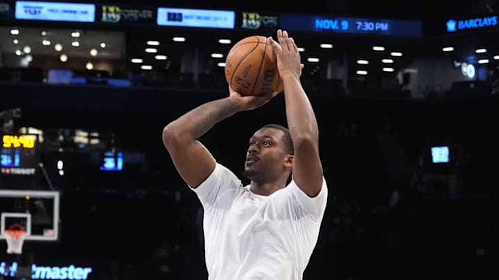 Oct 14, 2024; Brooklyn, New York, USA; Brooklyn Nets forward Dariq Whitehead (0) warms up prior to the game against the Washington Wizards at Barclays Center. Mandatory Credit: Gregory Fisher-Imagn Images