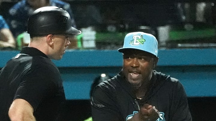 Daytona Tortugas manager Willie Harris talks with an umpire during the game against the Bradenton Marauders, Friday, April 4, 2025 at Jackie Robinson Ballpark in Daytona Beach. Daytona Tortugas manager Willie Harris talks with an umpire during the game against the Bradenton Marauders, Friday, April 4, 2025 at Jackie Robinson Ballpark in Daytona Beach.