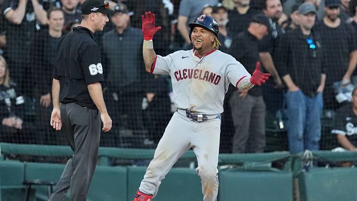 Oct 7, 2026; Chicago, Illinois, USA;  Cleveland Guardians third baseman Jose Ramirez (11) celebrates after hitting an RBI triple during the eighth inning against the Chicago White Sox in game three of the ALDS for the 2026 MLB Playoffs at Rate Field.  Mandatory Credit: David Banks-Imagn Images