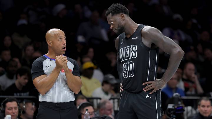 Oct 30, 2026; Brooklyn, New York, USA; Brooklyn Nets forward Julius Randle (30) talks to referee Marc Davis (8) during the third quarter against the Detroit Pistons at Barclays Center. Mandatory Credit: Brad Penner-Imagn Images