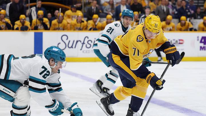 Apr 13, 2026; Nashville, Tennessee, USA; San Jose Sharks left wing William Eklund (72) battles for the puck with Nashville Predators right wing Matthew Wood (71) during the first period of their game at Bridgestone Arena. Mandatory Credit: Alan Poizner-Imagn Images Apr 13, 2026; Nashville, Tennessee, USA; San Jose Sharks left wing William Eklund (72) battles for the puck with Nashville Predators right wing Matthew Wood (71) during the first period of their game at Bridgestone Arena. Mandatory Credit: Alan Poizner-Imagn Images