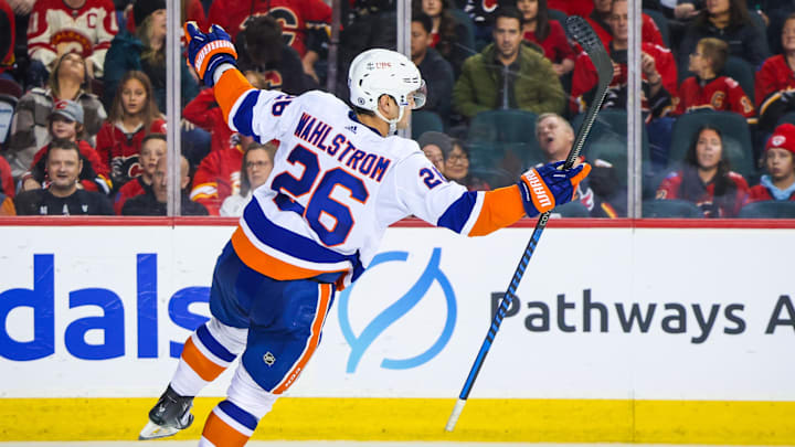 Nov 18, 2023; Calgary, Alberta, CAN; New York Islanders right wing Oliver Wahlstrom (26) celebrates