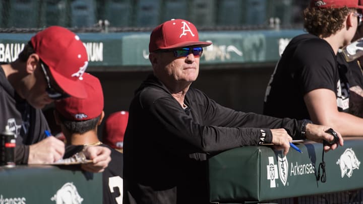 Feb 6, 2026; Fayetteville, AR, USA; Arkansas Razorbacks head coach Dave Van Horn looks on during the second inning of the Arkansas Razorbacks scrimmage at Baum-Walker Stadium. Mandatory Credit: Brett Rojo-Imagn Images Feb 6, 2026; Fayetteville, AR, USA; Arkansas Razorbacks head coach Dave Van Horn looks on during the second inning of the Arkansas Razorbacks scrimmage at Baum-Walker Stadium. Mandatory Credit: Brett Rojo-Imagn Images