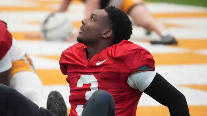 Tennessee wide receiver Squirrel White (3) warms up during a Tennessee football practice, Tuesday, Dec. 17, 2024.