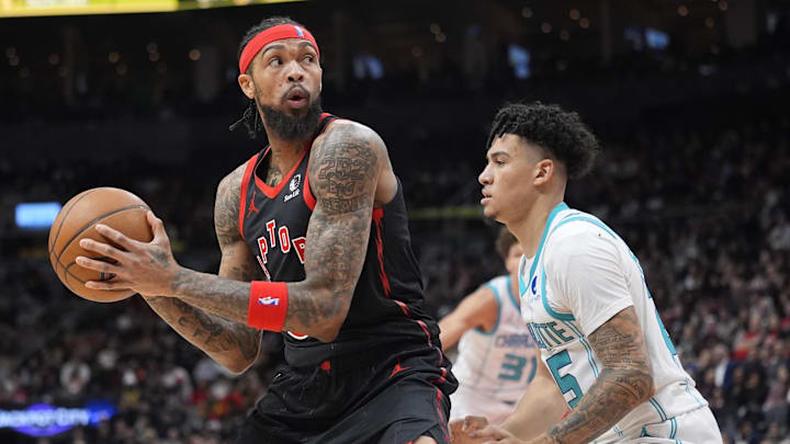 Dec 5, 2025; Toronto, Ontario, CAN; Toronto Raptors forward Brandon Ingram (3) looks to make a play as Charlotte Hornets guard KJ Simpson (25) defends during the first half at Scotiabank Arena. Mandatory Credit: John E. Sokolowski-Imagn Images Dec 5, 2025; Toronto, Ontario, CAN; Toronto Raptors forward Brandon Ingram (3) looks to make a play as Charlotte Hornets guard KJ Simpson (25) defends during the first half at Scotiabank Arena. Mandatory Credit: John E. Sokolowski-Imagn Images