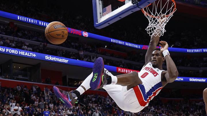 May 5, 2026; Detroit, Michigan, USA; Detroit Pistons center Jalen Duren (0) dunks in the second half against the Cleveland Cavaliers during game one of the second round of the 2026 NBA Playoffs at Little Caesars Arena. Mandatory Credit: Rick Osentoski-Imagn Images