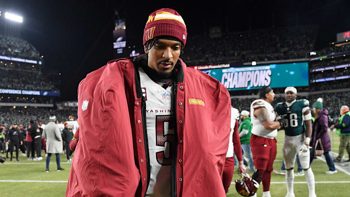 Washington Commanders quarterback Jayden Daniels walks off the field after losing the NFC Championship game. Washington Commanders quarterback Jayden Daniels walks off the field after losing the NFC Championship game.
