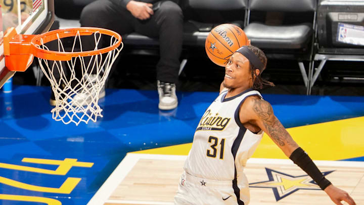 Team Detlef guard Alondes Williams (31) of the Sioux Falls Skyforce goes up at the net Friday, Feb. 16, 2024, during the 2024 Panini Rising Stars Game at Gainbridge Fieldhouse in downtown Indianapolis.
